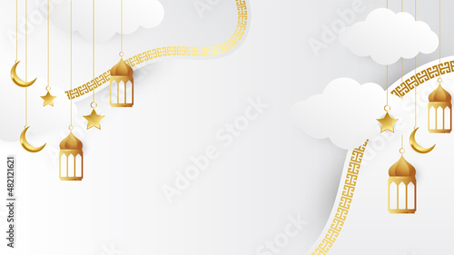 Elegant golden lantern arabic white gold Islamic design background. Universal ramadan kareem banner background with lantern, moon, islamic pattern, mosque and abstract luxury islamic elements