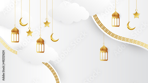 Elegant golden lantern arabic white gold Islamic design background. Universal ramadan kareem banner background with lantern, moon, islamic pattern, mosque and abstract luxury islamic elements