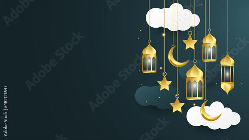 golden lantern arabic dark blue Islamic design background. Universal ramadan kareem banner background with lantern, moon, islamic pattern, mosque and abstract luxury islamic elements