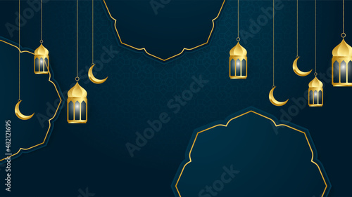 golden lantern arabic dark blue Islamic design background. Universal ramadan kareem banner background with lantern, moon, islamic pattern, mosque and abstract luxury islamic elements