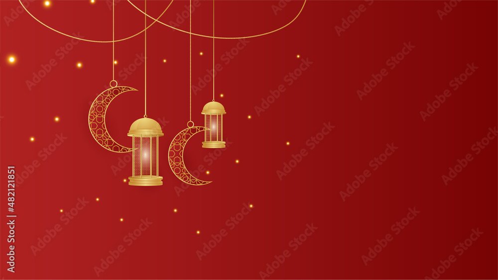 Fototapeta premium golden lantern arabic red gold Islamic design background. Universal ramadan kareem banner background with lantern, moon, islamic pattern, mosque and abstract luxury islamic elements