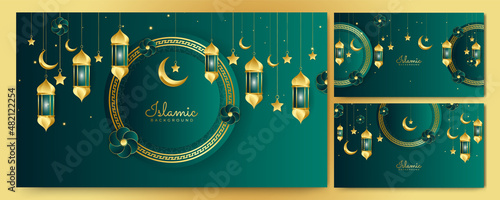 Universal ramadan kareem banner background with lantern, moon, islamic pattern, mosque and abstract luxury islamic elements