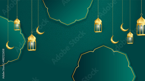 golden lantern arabic green Islamic design background. Universal ramadan kareem banner background with lantern, moon, islamic pattern, mosque and abstract luxury islamic elements