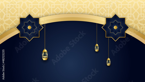 Elegant Mandala arabic golden blue Islamic design background. Universal ramadan kareem banner background with lantern, moon, islamic pattern, mosque and abstract luxury islamic elements