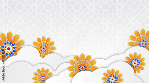 Elegant golden lantern arabic white gold Islamic design background. Universal ramadan kareem banner background with lantern, moon, islamic pattern, mosque and abstract luxury islamic elements