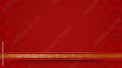 Flat arabic red Islamic design background. Universal ramadan kareem banner background with lantern, moon, islamic pattern, mosque and abstract luxury islamic elements