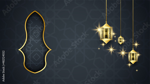 Luxury golden lantern arabic black gold Islamic design background. Universal ramadan kareem banner background with lantern, moon, islamic pattern, mosque and abstract luxury islamic elements