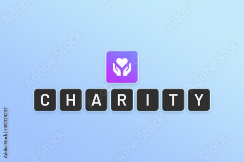 Charity text message. Charity letters on blue background.