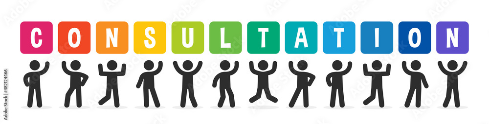 Obraz premium Consulting business icon. Group of people standing with text consultation in colorful design. Banner vector illustration.