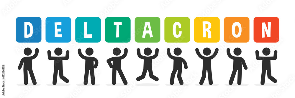 Deltacron text banner. Group of people icon holding Deltacron sign isolated on white background. Deltacron text banner. Group of people icon holding Deltacron sign isolated on white background.
