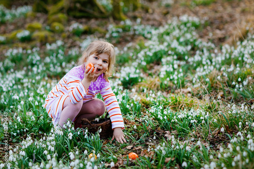Little girl in pink dress making egg hunt in spring forest on sunny day, outdoors. Cute happy child with lots of snowdrop flowers and colored eggs. Springtime, christian holiday concept.