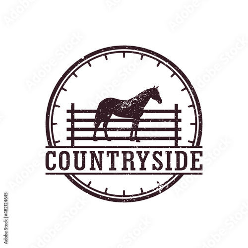 Horse silhouette behind wooden fence paddock for vintage retro rustic countryside western country farm ranch logo design