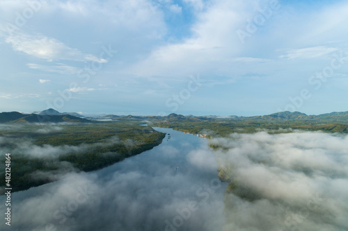 Amazing scenery Nature landscape nature view Aerial view drone camera photography of sea and forest in the morning sunrise or sunset At Phang Nga Thailand