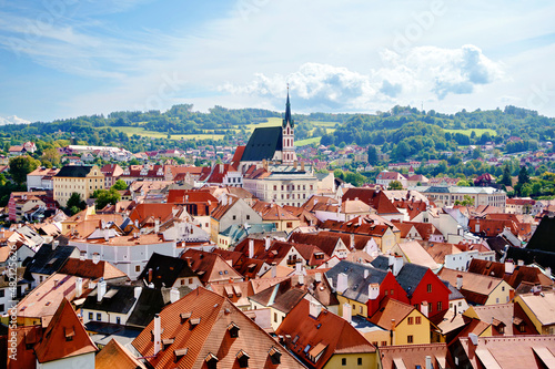 Beautiful view to church and castle in Cesky Krumlov, Czech republic. Panorama of UNESCO World Heritage Site city. photo