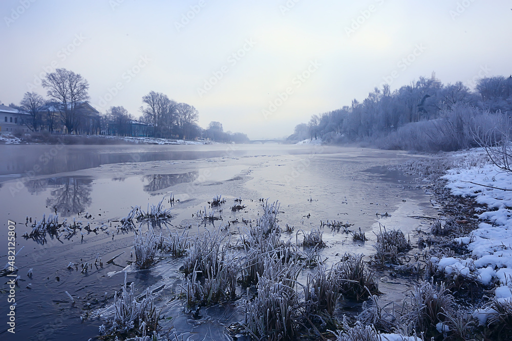 Fototapeta premium freezing river november december, seasonal landscape in nature winter