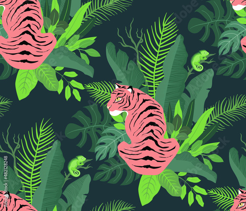 Sitting among the jungle tiger and chameleon. Seamless tropical pattern flat design. For fabric, wrapping paper and wallpaper
