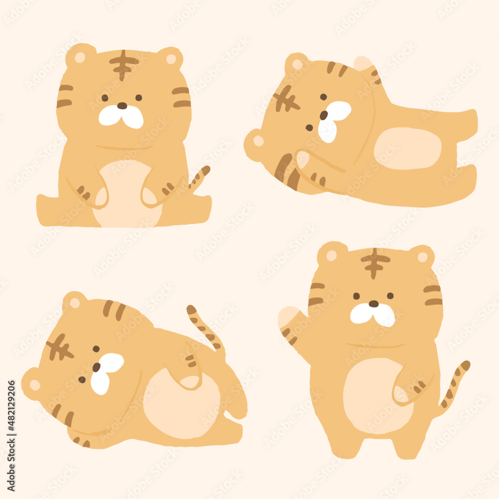 Cute tigers in various poses. Lying, sitting, greeting tigers. Cute tigers in various poses. Lying, sitting, greeting tigers.