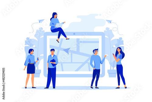 search index on navigation, online map on a tablet, get directions, GPS navigator on a city map flat vector illustration 