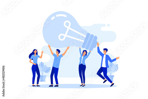 business meeting and brainstorming, business concept for teamwork, search for new solutions, small people look at the big light bulb in search of ideas flat vector illustration 