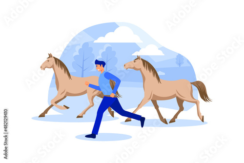 Illustration of a horse with a rider A horseman on a horse herding horses run with the horse