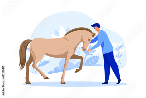 Equestrian person grooming horse, combing tail hair. Horseman rider boy kid cartoon character taking care of domestic animal pet at farm ranch. Equestrianism fun. Flat man vector illustration