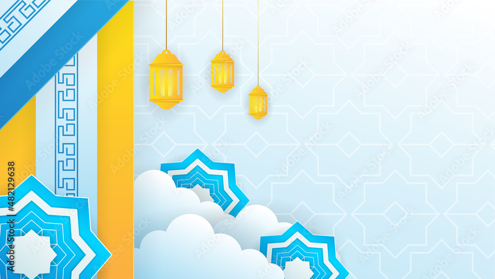 Realistic mandala blue Islamic design background. Universal ramadan kareem banner background with lantern, moon, islamic pattern, mosque and abstract luxury islamic elements Realistic mandala blue Islamic design background. Universal ramadan kareem banner background with lantern, moon, islamic pattern, mosque and abstract luxury islamic elements