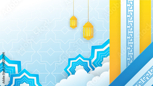 Realistic mandala blue Islamic design background. Universal ramadan kareem banner background with lantern, moon, islamic pattern, mosque and abstract luxury islamic elements