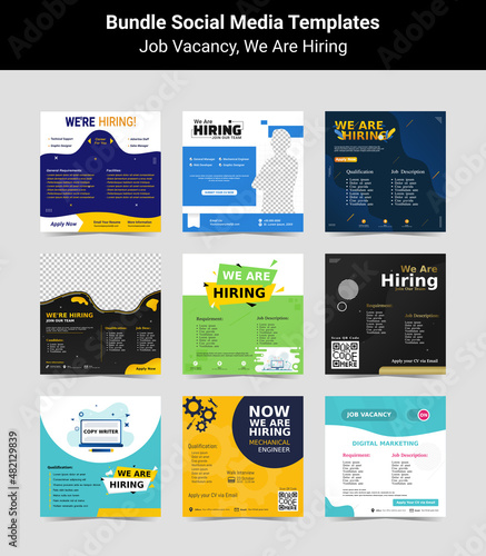 Bundling poster for we are hiring. employees needed. Set of social media template job vacancy recruitment
