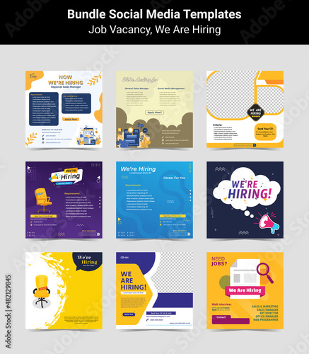 Bundling poster for we are hiring. employees needed. Set of social media template job vacancy recruitment