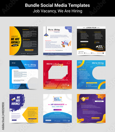 Bundling poster for we are hiring. employees needed. Set of social media template job vacancy recruitment