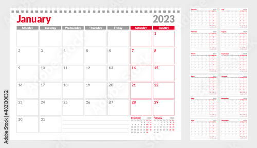 Calendar 2023 planner template. Week Starts on Monday. Set of 12 Months. Vector Illustration