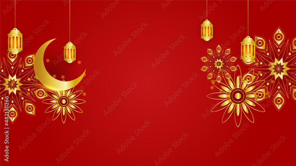 Beautiful golden red Islamic design background. Universal ramadan kareem banner background with lantern, moon, islamic pattern, mosque and abstract luxury islamic elements Beautiful golden red Islamic design background. Universal ramadan kareem banner background with lantern, moon, islamic pattern, mosque and abstract luxury islamic elements
