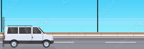 Minivan courier on highway asphalt road and minivan truck design flat vector illustration.