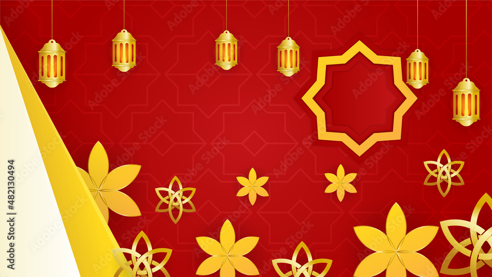 golden lantern arabic red Islamic design background. Universal ramadan kareem banner background with lantern, moon, islamic pattern, mosque and abstract luxury islamic elements