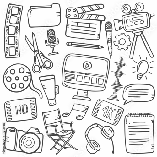 video editing concept doodle hand drawn set collections with outline black and white style