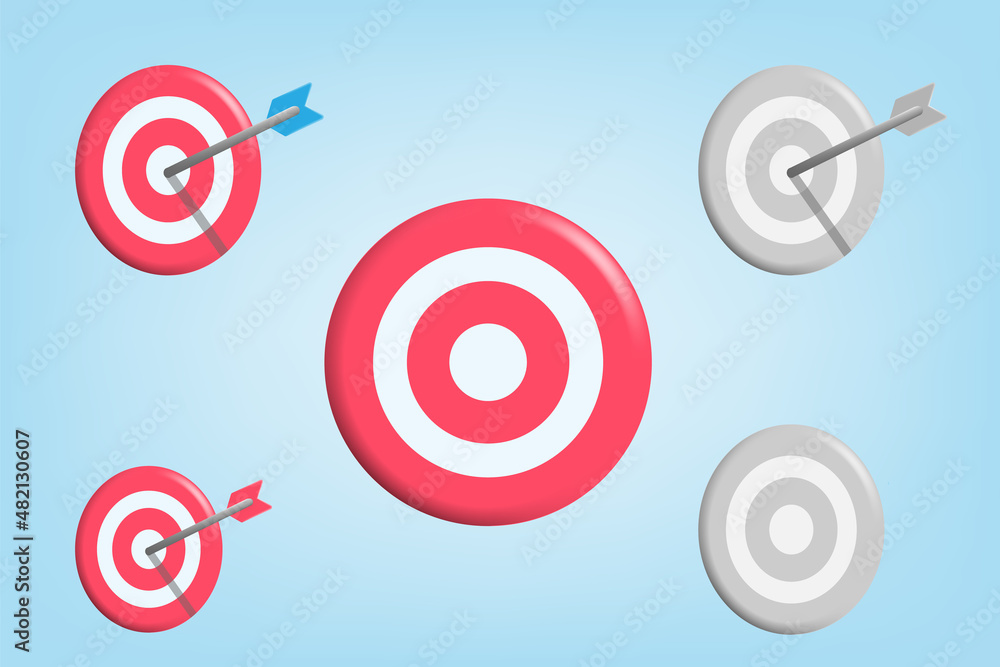 3d cartoon style of dartboard arrow landing on center target in red and grey color 3d cartoon style of dartboard arrow landing on center target in red and grey color