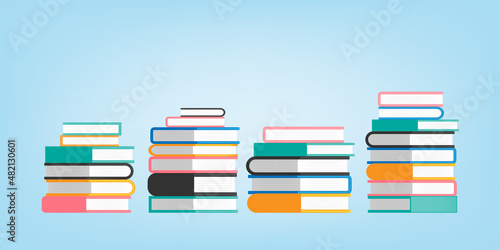 3D cartoon style book pile and stack, bookshelf collection in different color with shadow highlight effect.