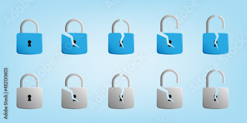 3D cartoon set collection of padlock which open, close, and broken in blue and grey color