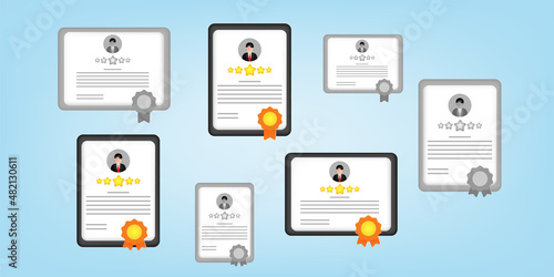 3D cartoon style of certificate achievement letter award on frame with ribbon and star rank.