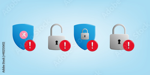 3D cartoon set collection of data security breach alert concepts, shield and padlock with warning sign