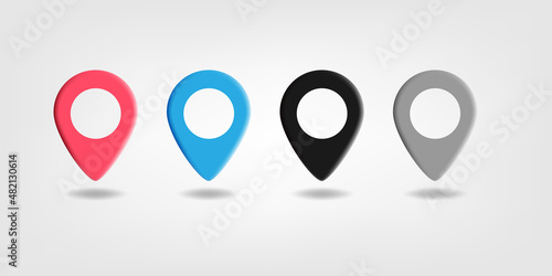 3D cartoon style of pin pointer location in red blue black grey color with shadow highlight effect