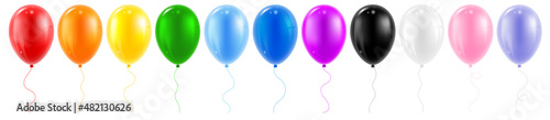 Glossy, realistic coloured balloons set. All rainbow colours, black, white and some other. Vector illustration.