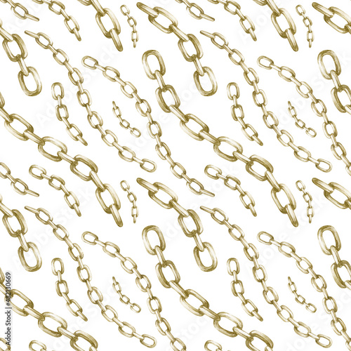 Watercolor seamless pattern with vintage gold chains on white background.