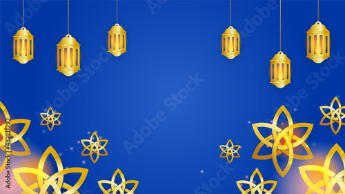 Beautiful golden blue Islamic design background. Universal ramadan kareem banner background with lantern, moon, islamic pattern, mosque and abstract luxury islamic elements