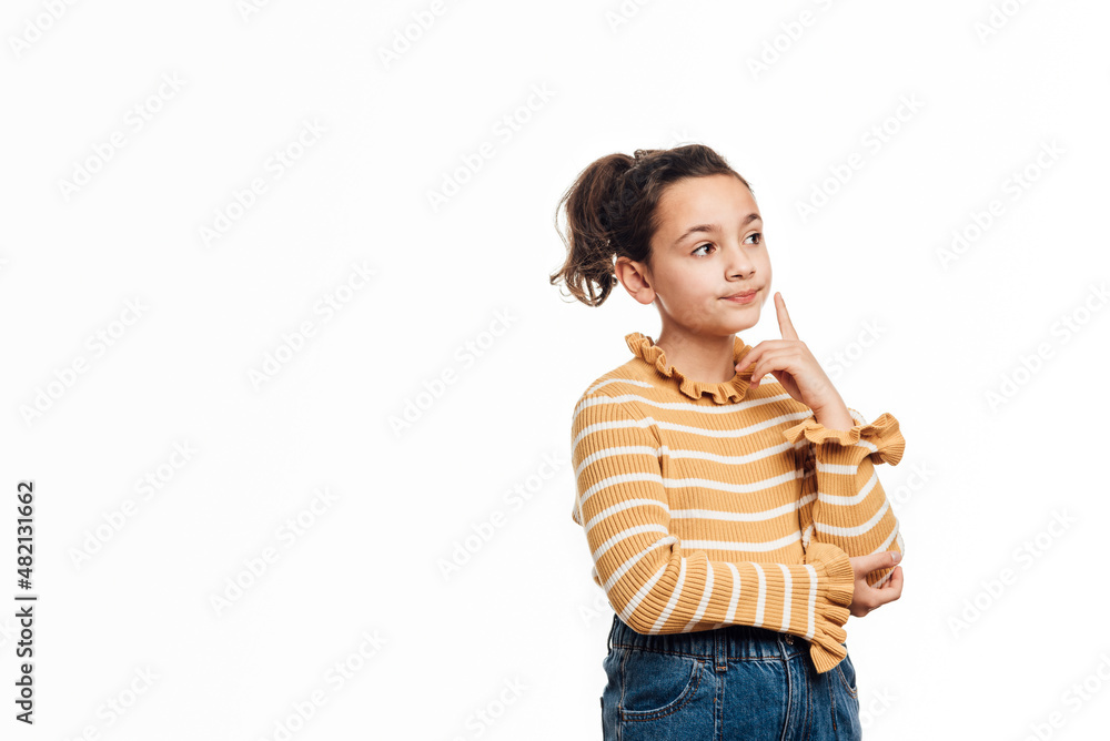 Thoughtful girl having doubts and thinking about something while standing over a white isolated background. Thoughtful girl having doubts and thinking about something while standing over a white isolated background.