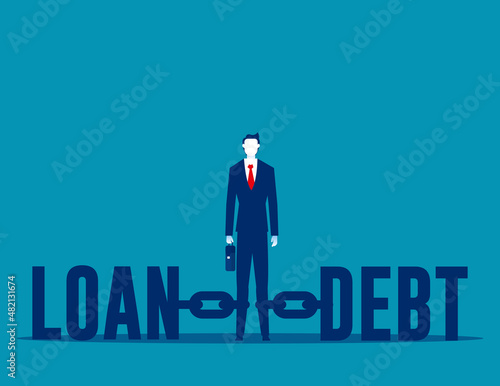 Business person tied on fetter between loan and debt. Business cartoon vector illustration