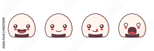 vector onigiri mascot cartoon, japanese traditional food illustration, with different facial expressions