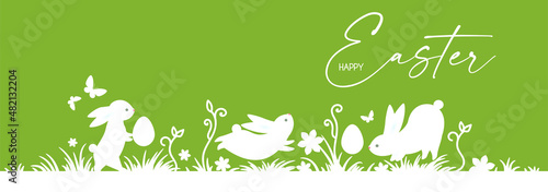 Happy Easter paper banner with cute bunnies and eggs.