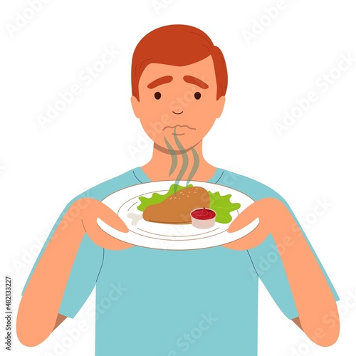 Parosmia - a distorted perception of smells. A man sniffs a plate of food. vector flat illustration isolated on white background