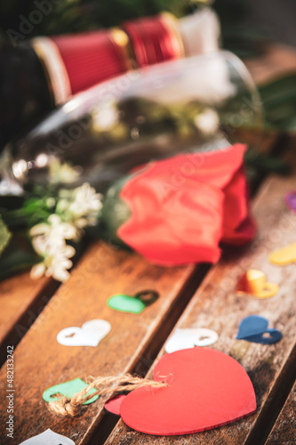 Valentines day background with champagne glasses and red roses